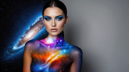Wall Mural - A woman with blue eyeshadow and a galaxy painted on her body stands against a gray backdrop. The galactic pattern, a swirling nebula, extends beyond her skin, creating a surreal effect