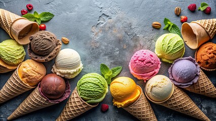 Canvas Print - Different flavored ice cream scoops on background, ice cream, scoops, flavors, variety, dessert, treat, cold, sweet