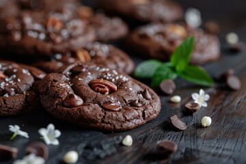 Sticker - Freshly baked chocolate chip cookies cooling on a black cooling rack, adorned with pecans, sea salt, and mint sprigs