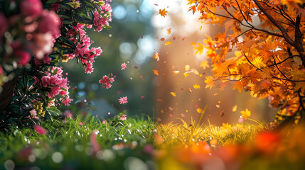 Photography split to highlight seasonal changes: lush green spring landscape and blooming flowers on one side, autumn scene with colorful falling leaves on the other.

