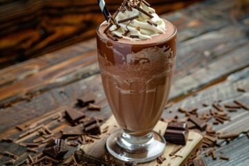 Wall Mural - Chocolate milkshake topped with whipped cream and chocolate shavings being prepared on a rustic wooden table