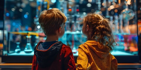 Poster - Children Exploring Exhibits at Interactive Science Museum Educational Concept with Copy Space