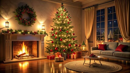 Sticker - Christmas night ambiance with fireplace and living room adorned with a beautifully decorated Christmas tree