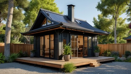 Poster - Modern Black Cabin with Wooden Deck in a Lush Garden.