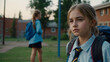 © Margarita - Upset sad high school girl in blue shirt and tie with backpack on shoulder in school yard in background another girl student walks past