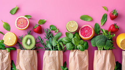 Wall Mural - Bright vegetables like carrots, peppers, and broccoli are scattered across a clean pink background