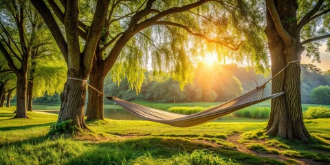 Poster - Tranquil retreat with a hammock strung between two trees in a peaceful nature setting, nature, relaxation, serenity