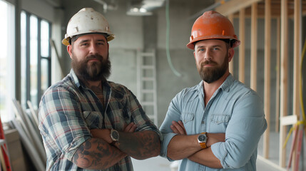 Two men standing indoors, possibly at a construction site. Both are wearing hard hats, with one in an orange helmet and the other in a white one. The man on the left has a beard, tattoos on his arms