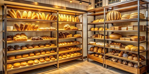 Poster - A cozy bakery filled with the aroma of freshly baked bread shelves of golden loaves and pastries on display, Bakery, Freshly baked