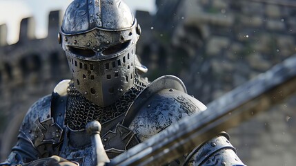 A knight in full armor stands before a castle, sword in hand.