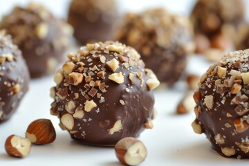 Canvas Print - Chocolate hazelnut truffles being sprinkled with coarse sea salt are ready to be eaten