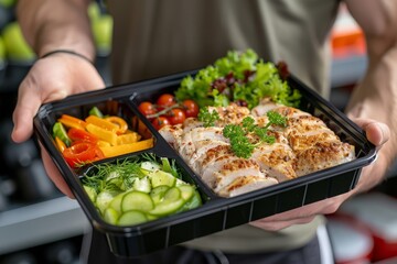 Man holding a plastic black container box with healthy fitness meal including white meat, fresh green salad and vegetables. Tasty lunch with high protein foods, for muscle building, gym interior 