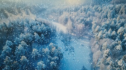 Wall Mural - Capture an enchanting aerial view of snowfall blanketing a forest, transforming the landscape into a winter wonderland.