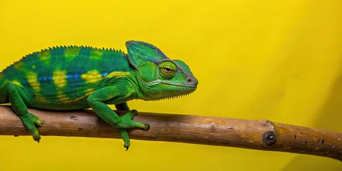 Wall Mural - Chameleon blending in on branch against yellow background with leaves, chameleon, branch, yellow, background, leaves