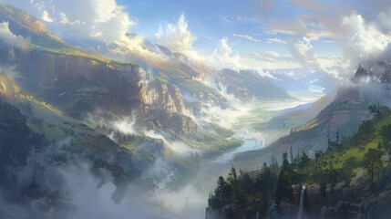 Sticker - Capture the tranquility of morning mist rising from a river valley, enveloping the landscape in a soft haze beneath scattered cumulus clouds.