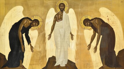 Wall Mural - an icon of the Transfiguration of Jesus depicted in traditional Byzantine style with radiant light Moses and Elijah and a golden halo capturing a moment of divine revelation