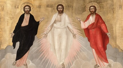 Wall Mural - an icon of the Transfiguration of Jesus depicted in traditional Byzantine style with radiant light Moses and Elijah and a golden halo capturing a moment of divine revelation