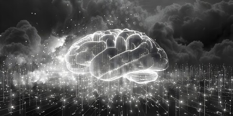Poster - glowing brain cloud with binary code in monochromatic sci fi