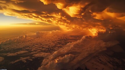 Create an aerial canvas of mammatus clouds, their pouch-like formations hanging beneath storm clouds like surreal sculptures.