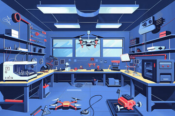 A blue room with a lot of tools and equipment