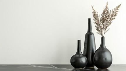 Modern black ceramic vases displayed on a black marble table against a white background