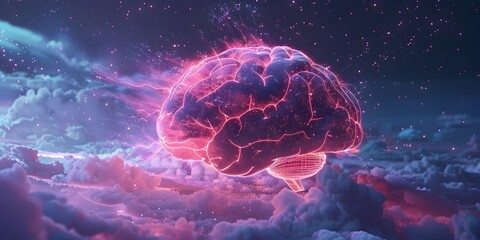 Poster - Glowing Digital Brain with Cloud Data Visualization Futuristic Concept