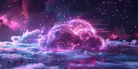 Poster - futuristic cloud hologram with advanced digital interface in purple tones
