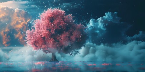 Wall Mural - Dreamlike Digital Tree with Cloud like Foliage Blending Nature and Technology