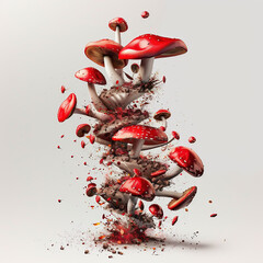 Wall Mural - Background with very red toadstools, a tornado/vortex made of autumn mushrooms, a helix made of mushrooms on a light solid background.