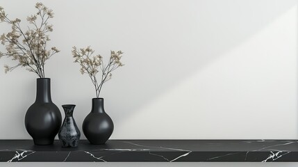 Wall Mural - Sophisticated black vases on a black marble table, set against a minimalist white wall