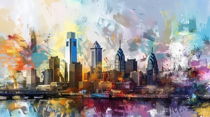 Poster - Create an artistic interpretation of the Philadelphia skyline with vibrant, abstract elements enhancing the scene.