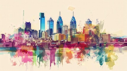 Sticker - Create an artistic interpretation of the Philadelphia skyline with vibrant, abstract elements enhancing the scene.