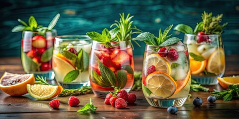 Canvas Print - Refreshing summer cocktails served in stylish glasses with colorful fruits and aromatic herbs , summer, cocktails, refreshment