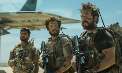 Wall Mural - A movie still of three men, one with short hair and a beard wearing a black shirt holding an assault rifle standing next to each other