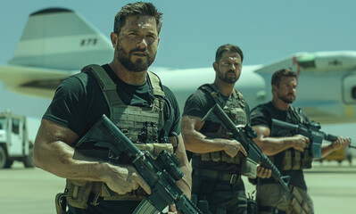 Wall Mural - A movie still of three men, one with short hair and a beard wearing a black shirt holding an assault rifle standing next to each other