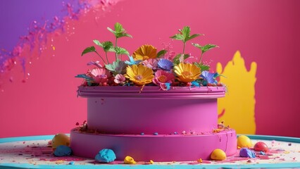 Poster - Colorful Flowers on a Pink Platform.