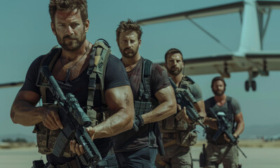 Wall Mural - A movie still of three men, one with short hair and a beard wearing a black shirt holding an assault rifle standing next to each other