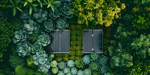 Wall Mural - Solar Panels Surrounded by Lush Green Plants Sustainability and Nature Concept