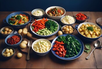 A variety of healthy vegetarian dishes including a large bowl of stir-fried vegetables with peppers, onions, and greens, a bowl of boiled potatoes, a bowl of fresh herbs, and other side dishes on a ru