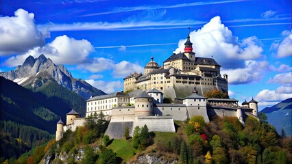 Wall Mural - Majestic Hohenwerfen Castle standing tall in the Austrian Alps, showcasing its timeless beauty