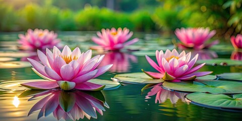 Sticker - Pink water lilies floating on serene pond , water lilies, pink flowers, pond, nature, peaceful, tranquility, serene, botanical