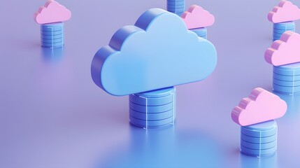 Poster - 3D cloud computing illustration with blue and pink clouds on stacks of coins, symbolizing data storage and technology investment.