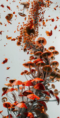 Wall Mural - Background with very red toadstools, a tornado/vortex made of autumn mushrooms, a helix made of mushrooms on a light solid background.