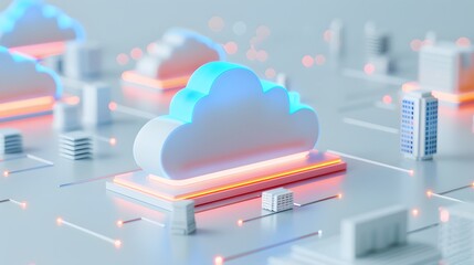 Poster - 3D cloud storage concept illustration representing digital data infrastructure, cloud computing technology in a futuristic environment.