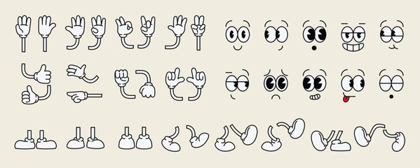 Wall Mural - Set of 70s groovy comic faces vector. Collection of cartoon character faces, leg, hand in different emotions happy, angry, sad, cheerful. Cute retro groovy hippie illustration for decorative, sticker.