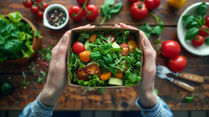 Wall Mural - Close-up of a woman's hands holding a salad of fresh vegetables. A woman holds a recycled cardboard plate filled with tomatoes and herbs. The concept of proper nutrition, food.