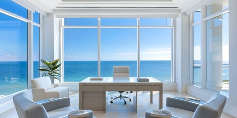 Wall Mural - Coastal Office with Beach Decor and Expansive Ocean Views. Concept Coastal Decor, Beach Office, Ocean Views, Workspace Design, Seaside Inspiration