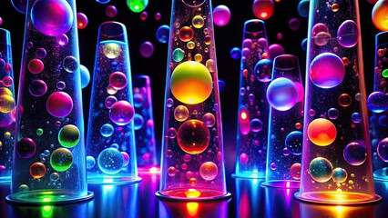 Poster - Abstract neon bubbles and lava lamp on black background, neon, bubbles, lava lamp, abstract, black background, glowing