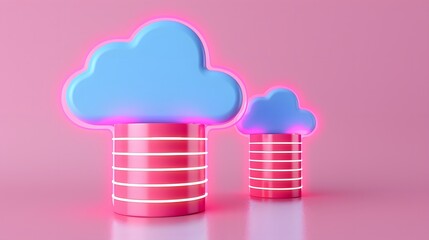 Poster - 3D illustration of a cloud computing database concept, with neon lights, pink background, and server icons in blue and red.