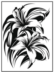 Wall Mural - A black and white drawing of two lilies. The flowers are large and have long stems. The drawing has a serene and calming mood, as the flowers are depicted in a peaceful setting